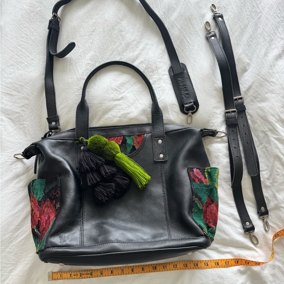 Black Leather Shoulder Bag with Floral Design
